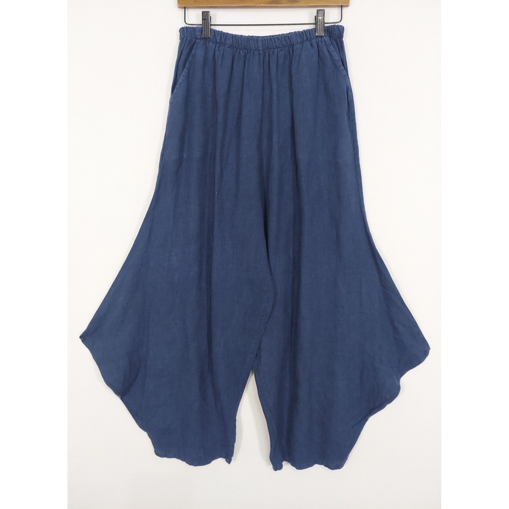 Bryn Walker Linen Balloon Pants M Blue Wide Leg Pull On Lagenlook Angled USA